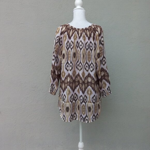 Unbranded Blouse Women's Med Brown Beige White Print Elastic Neckline Preppy - Picture 5 of 6